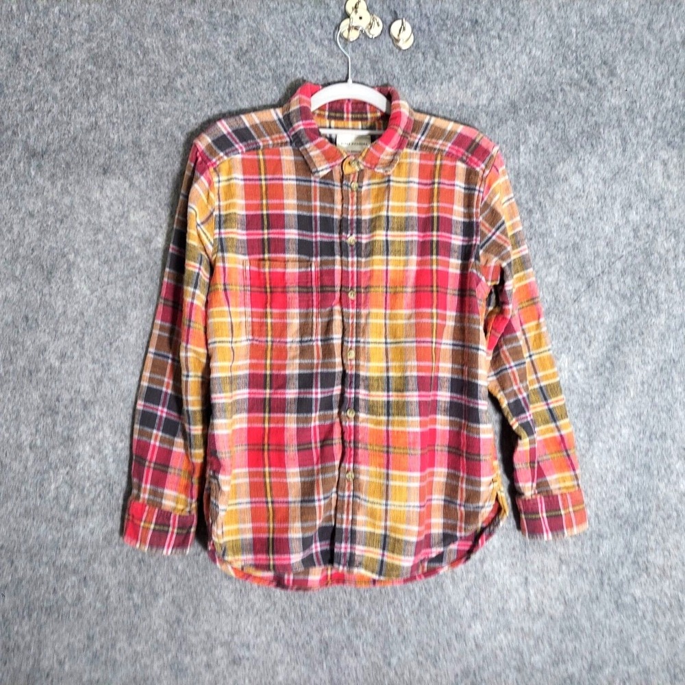 American Eagle Women Shirt XS Pink Yellow Plaid Flannel Button Western Cowgirl